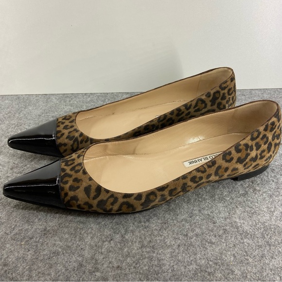 Manolo Blahnik Suede Leopard Print Black Patent Flats Women’s Size 41 - US 9-9.5 - Picture 1 of 13